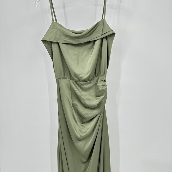 MILLA maxi dress satin off the shoulder ruched waist slipdress olive green S - Picture 7 of 12